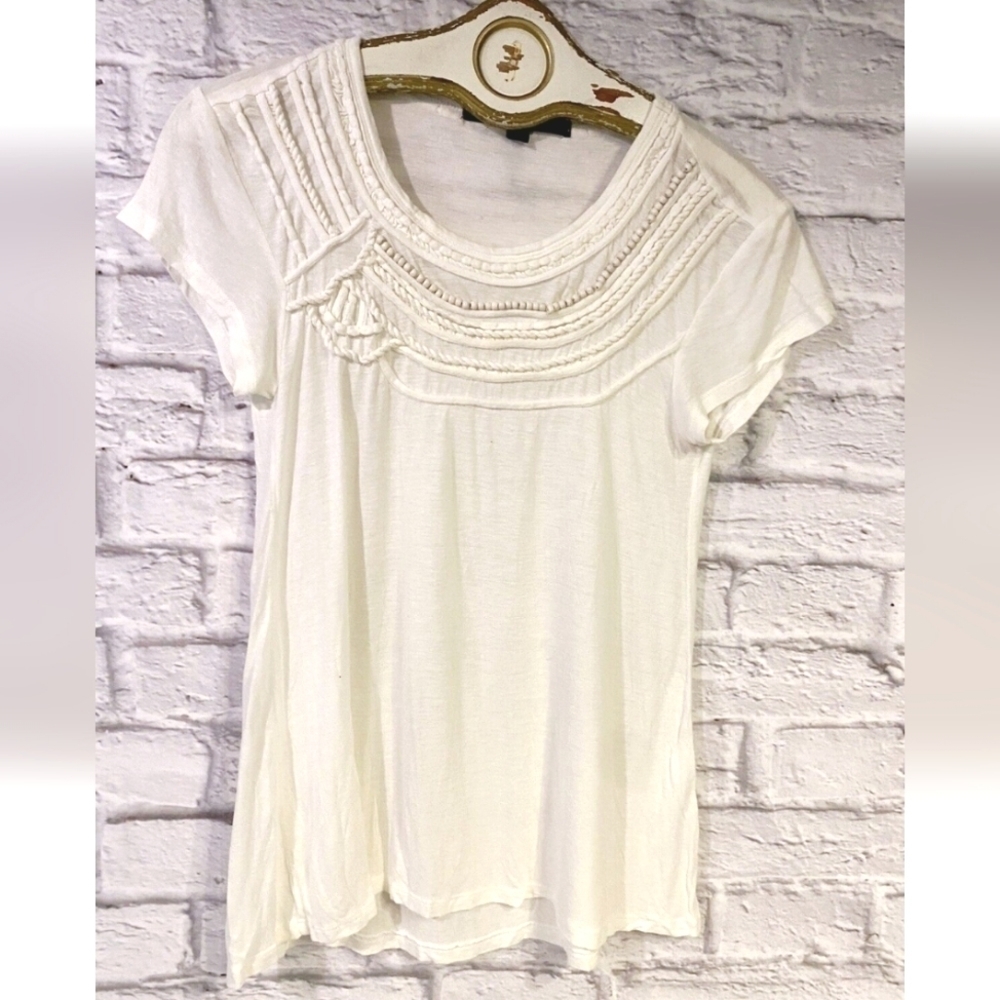 Anthropologie A Common Thread Boho Bead Accent Short Sleeve Linen Blend Top